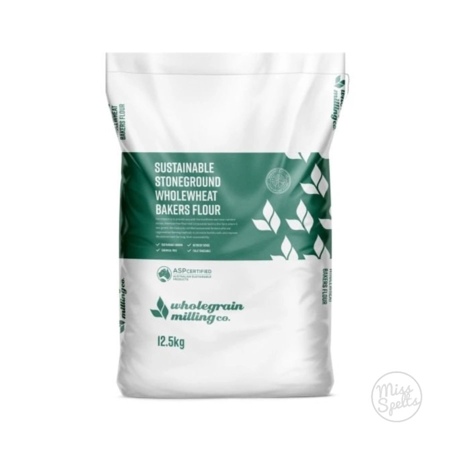 FLOUR WHOLEWHEAT BAKERS SUSTAINABLE STONEGROUND  WHOLEGRAIN MILLING 12.5KG GREEN & WHITE BAG